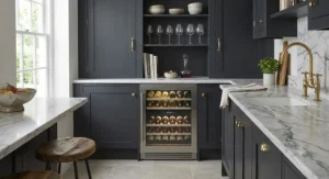 High-end bespoke kitchen cabinetry featuring a seamless built-in wine fridge.
