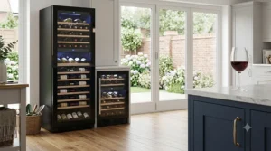 A freestanding unit alongside a built-in wine fridge installed seamlessly under a marble-topped kitchen island.
