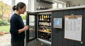 A person cleaning the back of a wine fridge to maintain energy efficiency and lower costs.