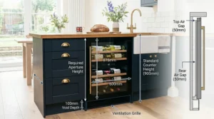 Diagram showing standard dimensions for an under-counter wine fridge.