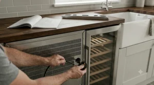 Checking the nearby electrical socket for safe wine fridge installation.