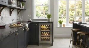 A bright open-plan kitchen featuring a stylish built-in wine fridge as a focal point.
