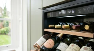 Digital control panel on a dual-zone wine fridge showing independent temperature settings.