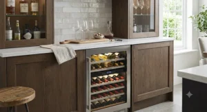 A dual-zone built-in wine cooler integrated into a home bar area, showcasing diverse wine collections.