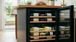 Dual-zone under-counter wine fridge showing white and red wine storage.