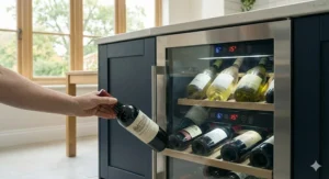 Interior view of a dual zone wine fridge featuring adjustable wooden shelving to accommodate various bottle sizes.