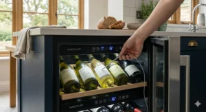 A close-up of a dual zone wine fridge control panel, showing separate temperature settings for white and red wine.