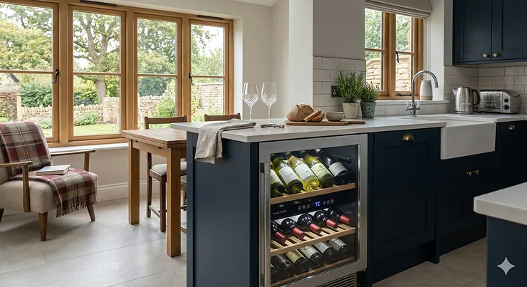 A stylish dual zone wine fridge integrated into a modern British home kitchen, keeping white and red wines at their ideal serving temperatures.