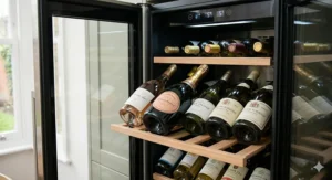Close-up of adjustable chrome shelving inside a 24-bottle dual-zone wine fridge.