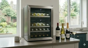 A dual-zone wine fridge with independent temperature controls for different wines.