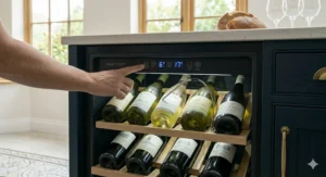 A close-up view of the digital temperature display on a dual zone wine fridge, showing optimal settings for diverse wine collections.