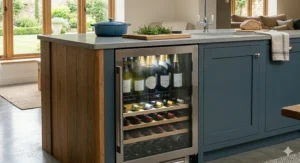 Diagram illustrating dual-zone temperature controls in a freestanding wine fridge, displaying optimal storage settings for serving chilled white wine and cellaring red wine.