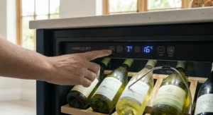 A hand adjusting the temperature settings on a dual zone wine fridge, designed for precise wine storage in a home kitchen.