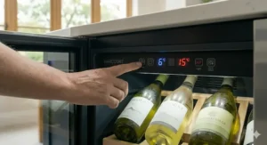 A detailed view of a user interface on a dual zone wine fridge, allowing for easy temperature control and monitoring.