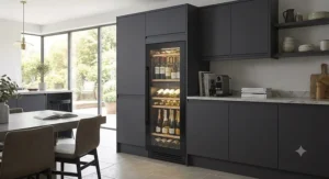 An energy-efficient built-in wine fridge displayed in a well-lit family home kitchen.