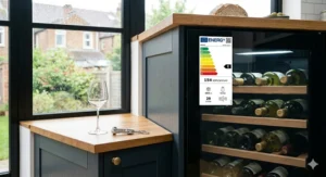 A photorealistic 4K photograph capturing the integrated single zone wine fridge within its British shaker kitchen setting. Natural, diffused English daylight illuminates a prominent, technically accurate UK format energy label affixed to the glass door.