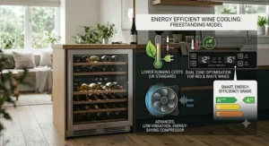 Icon-based graphic showing energy-efficient cooling features of a home wine fridge.