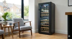 A photorealistic 4K photograph capturing a tall, freestanding single zone wine fridge positioned in a corner of a contemporary UK living and dining space. It features a dark grey frame, clear glass door, and internal wood shelving fully stocked with wine bottles.