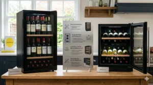 Side-by-side comparison diagram showing a freestanding wine fridge in a dining room versus an integrated undercounter wine cooler seamlessly fitted between kitchen units, with an information sign detailing installation, placement flexibility, ventilation requirements, and aesthetic integration.