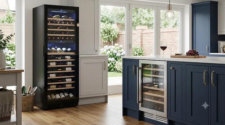 A contemporary kitchen showing a side-by-side comparison of a tall, black freestanding wine fridge and an integrated under-counter wine cooler. freestanding vs built in wine fridge