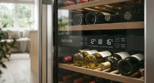 Technical diagram showing standard height and width for a freestanding wine fridge.