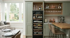 Sleek 24-bottle dual-zone wine fridge integrated into a contemporary home bar setting.