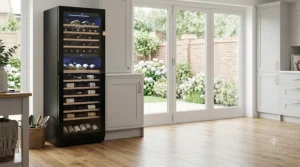 A tall, modern freestanding wine fridge positioned in the corner of a bright, open-plan kitchen with natural daylight.