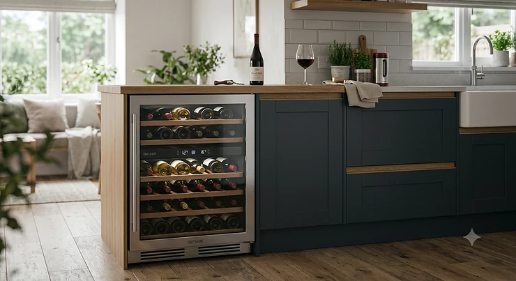 Stylish freestanding wine fridge integrated into a modern kitchen cabinetry unit.