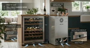 Step-by-step visual guide for the ventilation setup of a freestanding wine fridge.