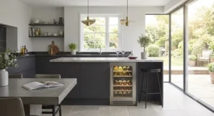 A minimalist handleless kitchen design incorporating an elegant under-counter built-in wine fridge.