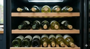 A hyper-realistic 4K close-up photograph looking across three beech wood shelves inside a running single zone wine fridge. Multiple wine bottles with detailed labels featuring British terminology are stored perfectly horizontally on textured wood slats.
