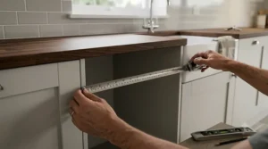 Using a tape measure to check the width of the kitchen cabinet gap.