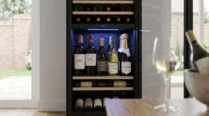 A detailed interior view of a wine fridge showing the digital control panel, wooden shelving, and a curated selection of premium wine bottles.
