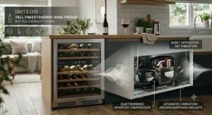 Illustration of a low-vibration compressor system in a quiet freestanding wine fridge.