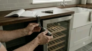 Fastening the mounting plates to the kitchen cabinet to secure the fridge.