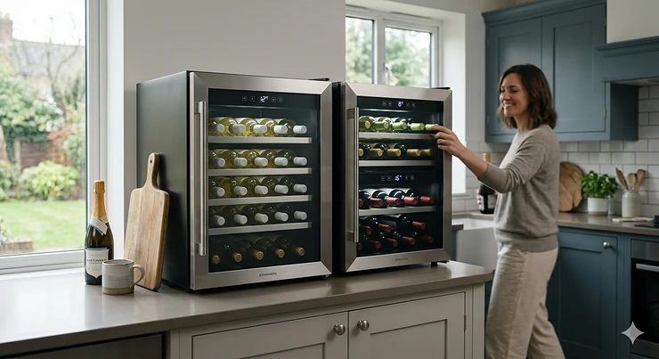A side-by-side comparison of a single-zone and a dual-zone wine fridge.