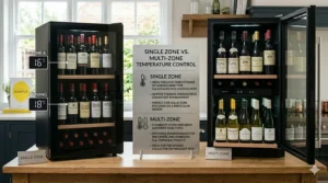 Infographic comparing a single-zone wine fridge to a multi-zone model, featuring digital temperature displays showing custom zones alongside a central silver sign outlining the flexibility and optimal environments for red, white, and sparkling wines.