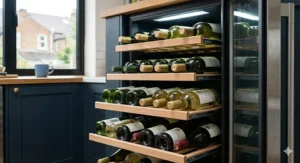 A detailed photorealistic illustration of an open single zone wine fridge. It displays multiple wooden pull-out shelves stacked horizontally with various wine bottles. Soft LED lighting illuminates the interior, showcasing the storage layout.