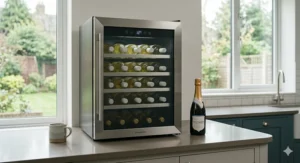 Bottles stored at a consistent temperature in a single-zone wine fridge.