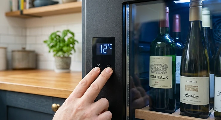 A hyper-realistic 4K close-up photograph of a digital LED interface on a matte black single zone wine fridge door. Two fingers are adjusting the touch controls, and the display clearly reads 12°C in blue digits. Natural daylight illuminates the detailed metal and glass surfaces.