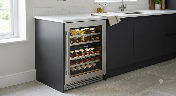 A sleek stainless steel built-in wine fridge installed under a modern kitchen worktop.