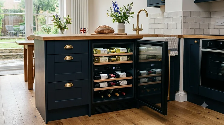 Sleek under-counter wine fridge installed in a modern British kitchen.