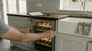 Carefully sliding the integrated wine cooler into the kitchen housing.