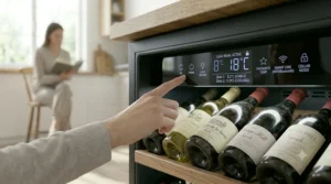 Digital touch control panel on an under-counter wine fridge.