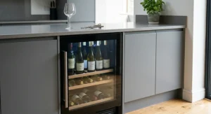 A photorealistic 4K photograph showing a single zone wine fridge neatly integrated under a grey engineered stone kitchen worktop, fitting seamlessly beside matching grey flat-panel cabinets. Bathed in soft, natural English daylight, the clear glass door shows a stocked interior.