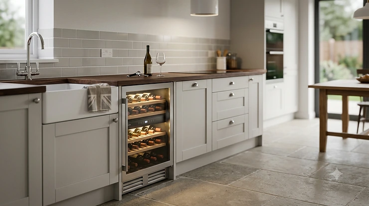 A modern kitchen featuring a seamlessly installed under-counter wine fridge. under counter wine fridge installation
