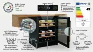 Technical diagram of an under-counter wine fridge sensor network and compressor.