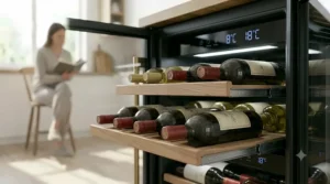 Close-up of premium wooden shelving inside a wine fridge.