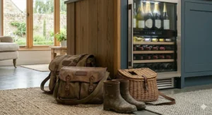 Technical drawing showing standard UK under-counter dimensions and ventilation clearance requirements for installing an integrated wine cooler.