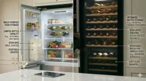 Infographic comparing how many standard 750ml wine bottles fit safely in a dedicated wine cooler versus stacked awkwardly in a normal fridge.